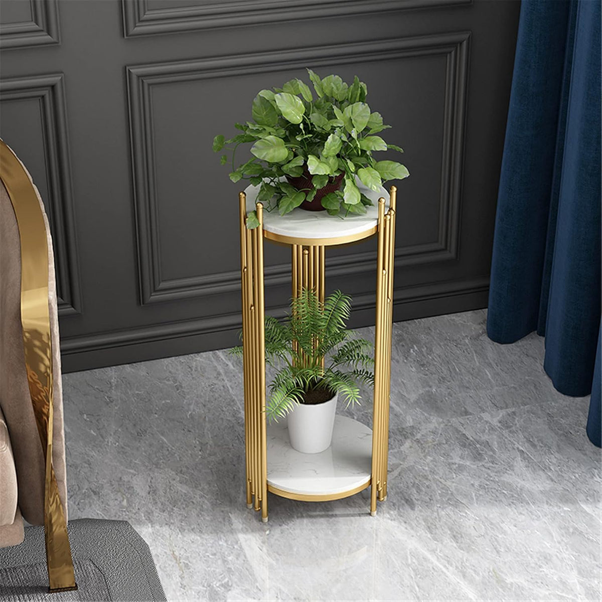 Marble Look -Tier Storage Telephone Table - Tall Slim Plant Stand, Stylish Round Side Table for Living Room, Patio Decor & Corner Bedside Table