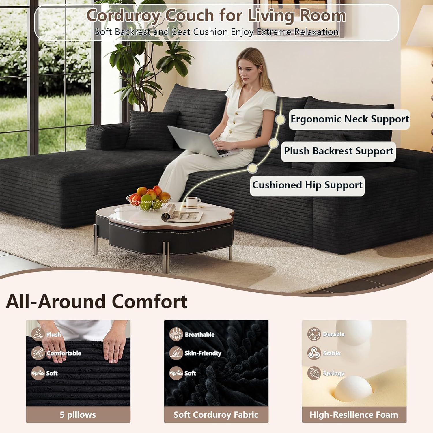95" Cloud Sectional Couch with L-Shape Chaise, Modern Cloud Couch with Deep Seat, Modular Sectional Couches for Living Room, Apartment, Office, No Assembly Required