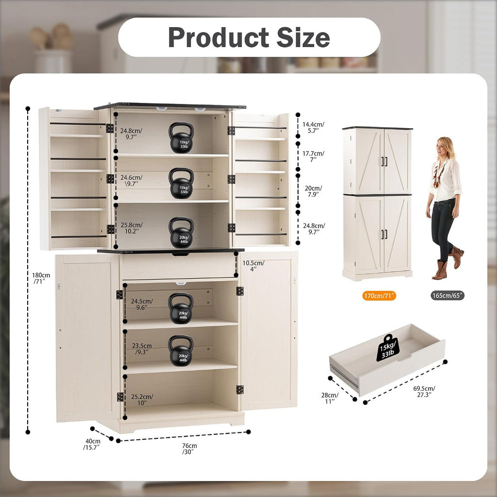 COSIEST 72'' Kitchen Pantry Cabinet, Tall Kitchen Storage Cabinet with Organizer, Drawer and Adjustable Shelves, Freestanding Cupboard, Storage Cabinets for Kitchen, Dining Room, Off White