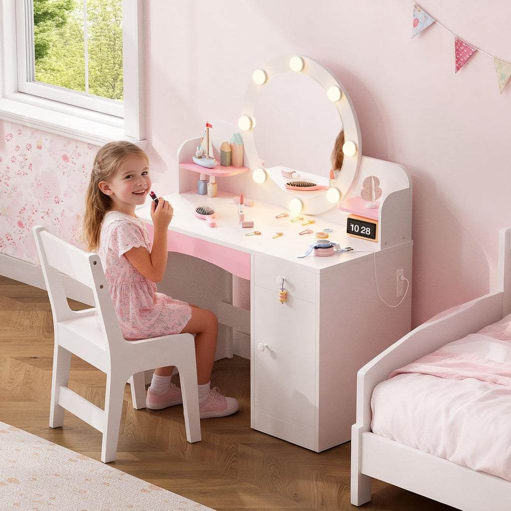 Teckid Kids Vanity Table and Chair Set with Lighted Mirror Storage Drawers Shelves for Little Girls | Open Bookshelf, Shelves, Drawers and Storage Cabinet