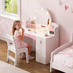 Teckid Kids Vanity Table and Chair Set with Lighted Mirror Storage Drawers Shelves for Little Girls | Open Bookshelf, Shelves, Drawers and Storage Cabinet