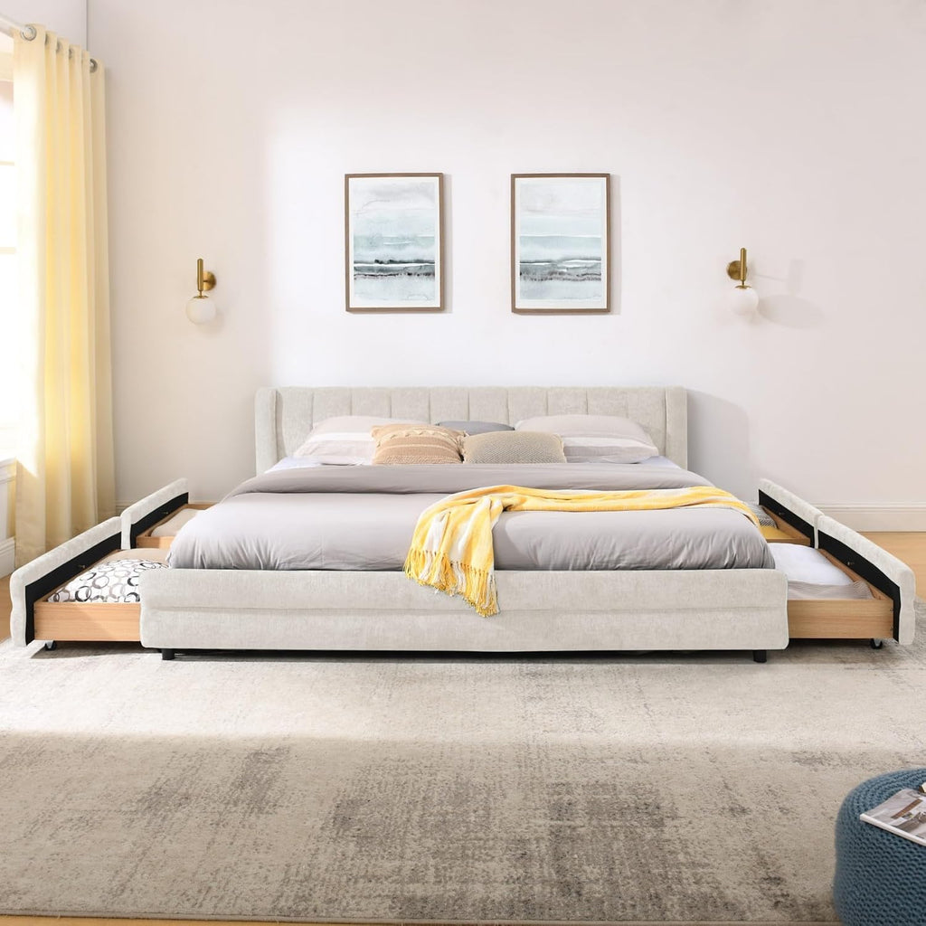 KEIKI Thick Chenille King Bed Frame with 4 Storage Drawer & Upholstered Tufted Cushioned Headboard, Modern Solid Wood Floor Platform Cloud Bed Frame for Bedroom, No Box Spring Needed, Beige