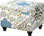 Adeco Colorful Storage Ottoman with Storage, 21" Linen Fabric Ottoman Foot Rest Stool with Hinged Lid with Blue Leaf Pattern, 360 LB Load Capacity, Living Room, Bedroom, Entryway