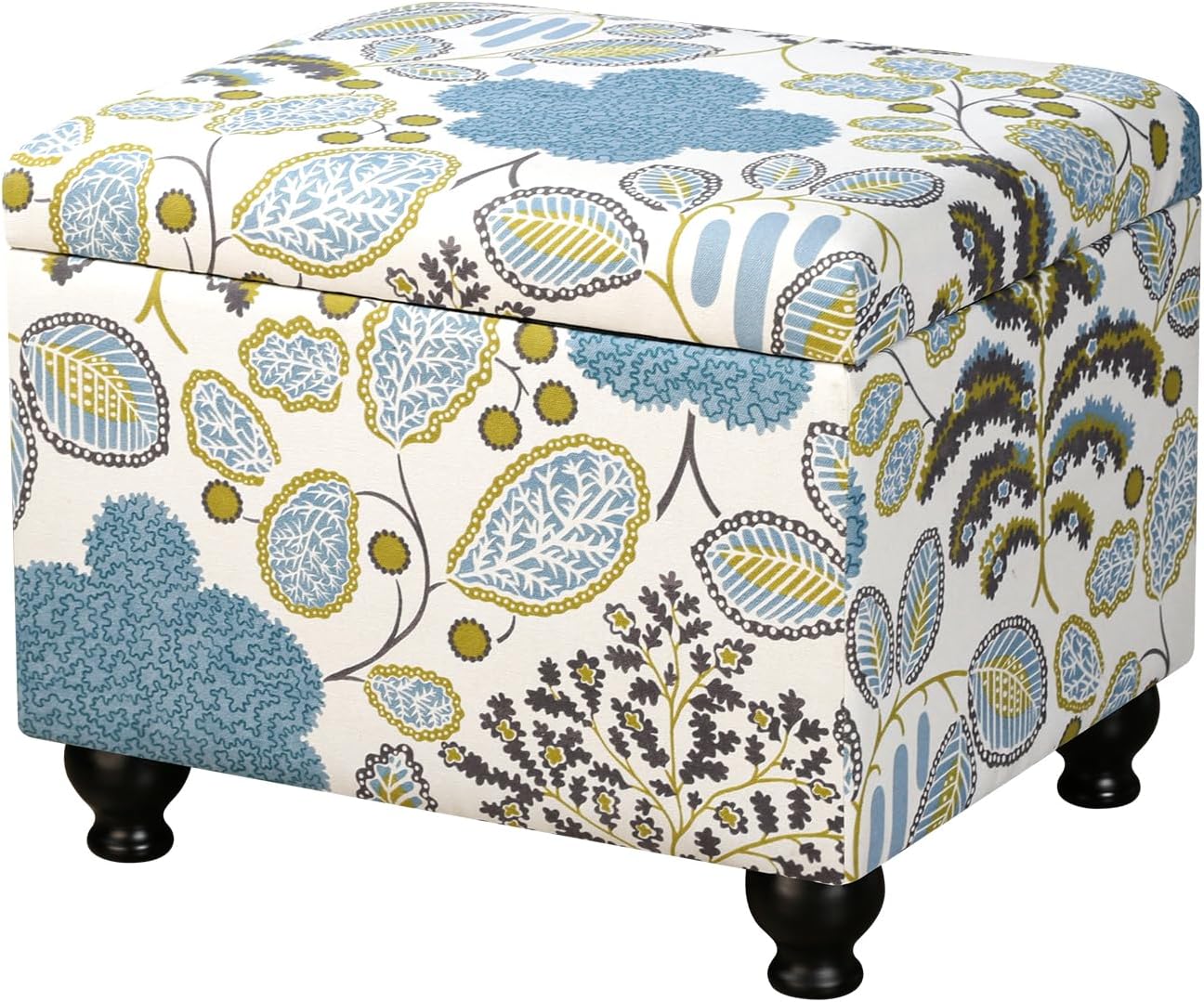 Adeco Colorful Storage Ottoman with Storage, 21" Linen Fabric Ottoman Foot Rest Stool with Hinged Lid with Blue Leaf Pattern, 360 LB Load Capacity, Living Room, Bedroom, Entryway