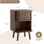 Decofy Fluted Nightstand Set of 2, Mid Century Modern Bedside Table with Charging Station, Walnut End Tables with Sliding Tambour Doors, Storage Cabinet and Open Shelf for Bedroom, Walnut