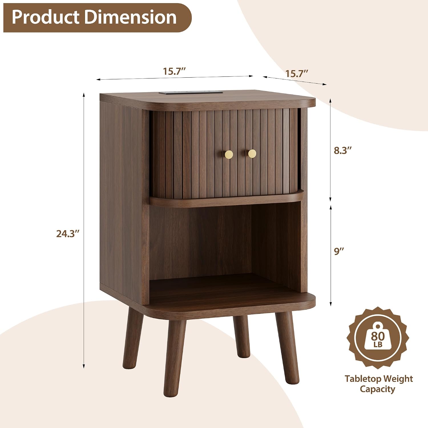 Decofy Fluted Nightstand Set of 2, Mid Century Modern Bedside Table with Charging Station, Walnut End Tables with Sliding Tambour Doors, Storage Cabinet and Open Shelf for Bedroom, Walnut