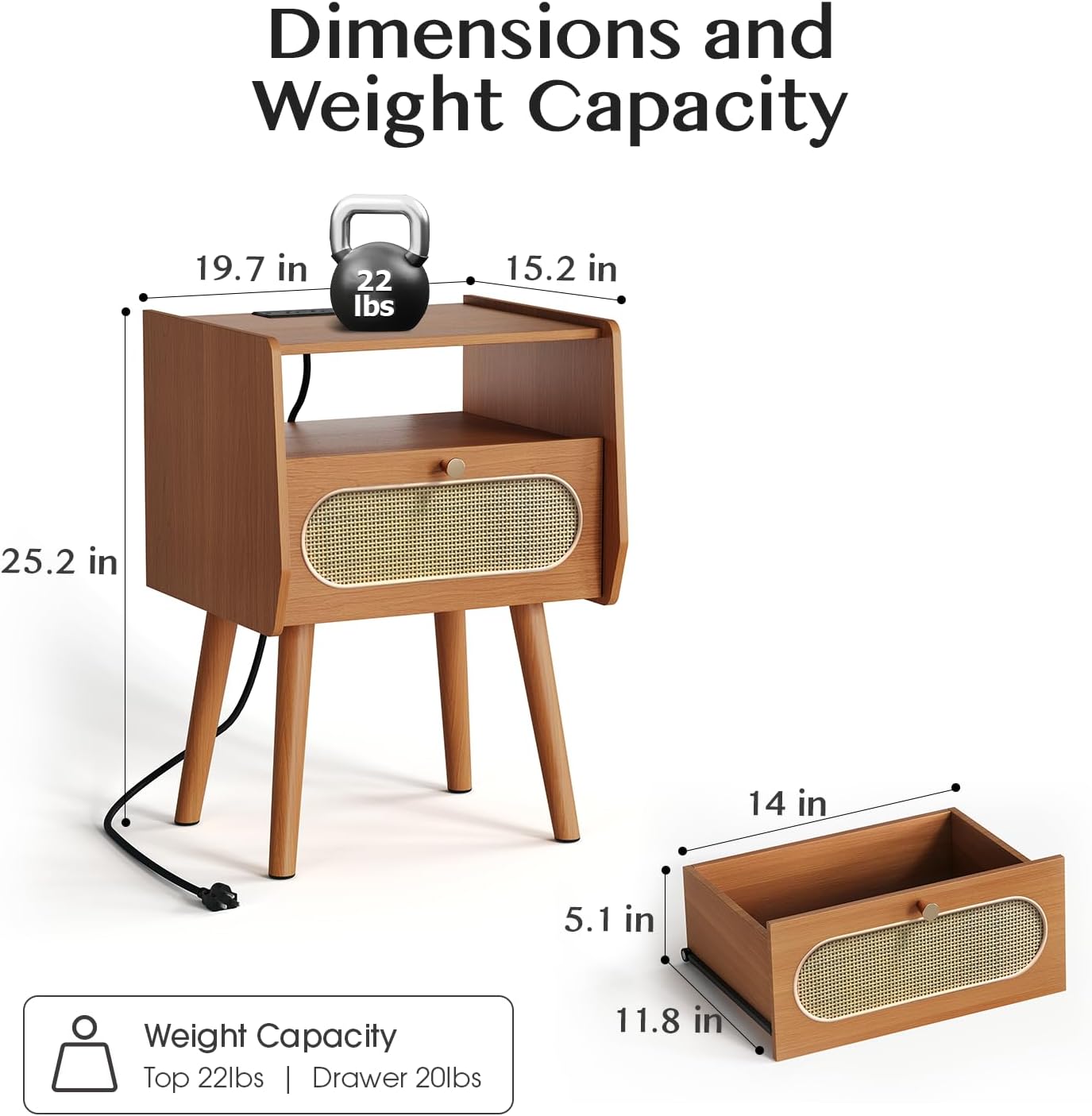 Nightstands Set of 2,Mid Century Modern Side Table with Charging Station & Rattan Drawer,Bedroom End Tables with Solid Wood Legs,Cherry