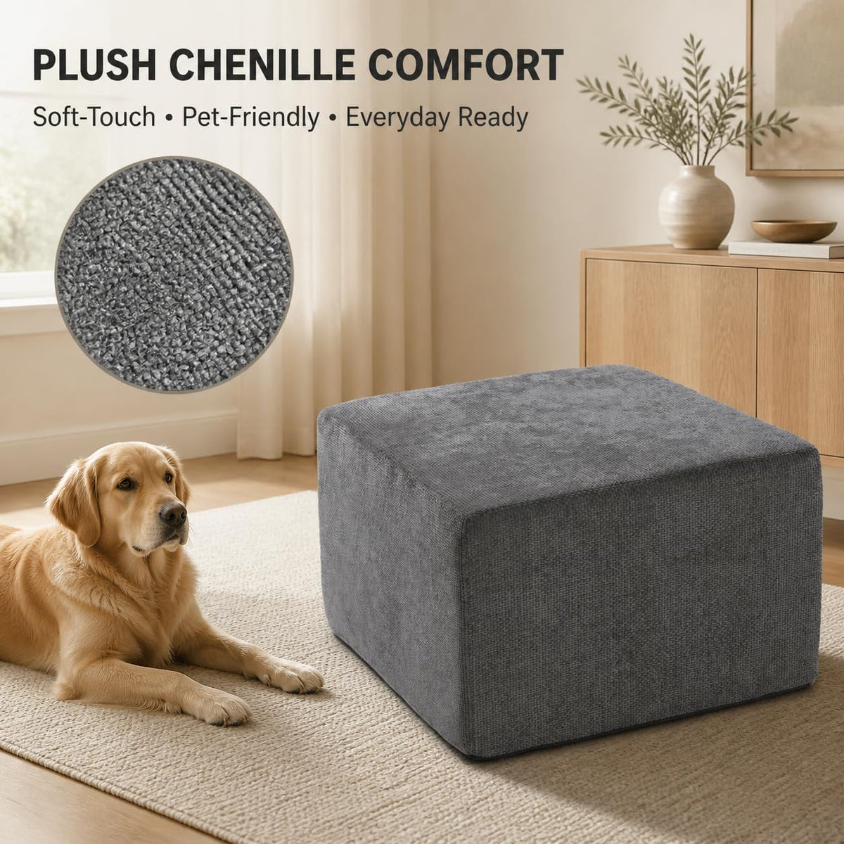 MONVANE 27.5" Square Ottoman, Modular Foot Rest, Grey | Matches Modular Sectional Cloud Couch, Footstool for Living Room, No Assembly Required, High-density Resilient Foam