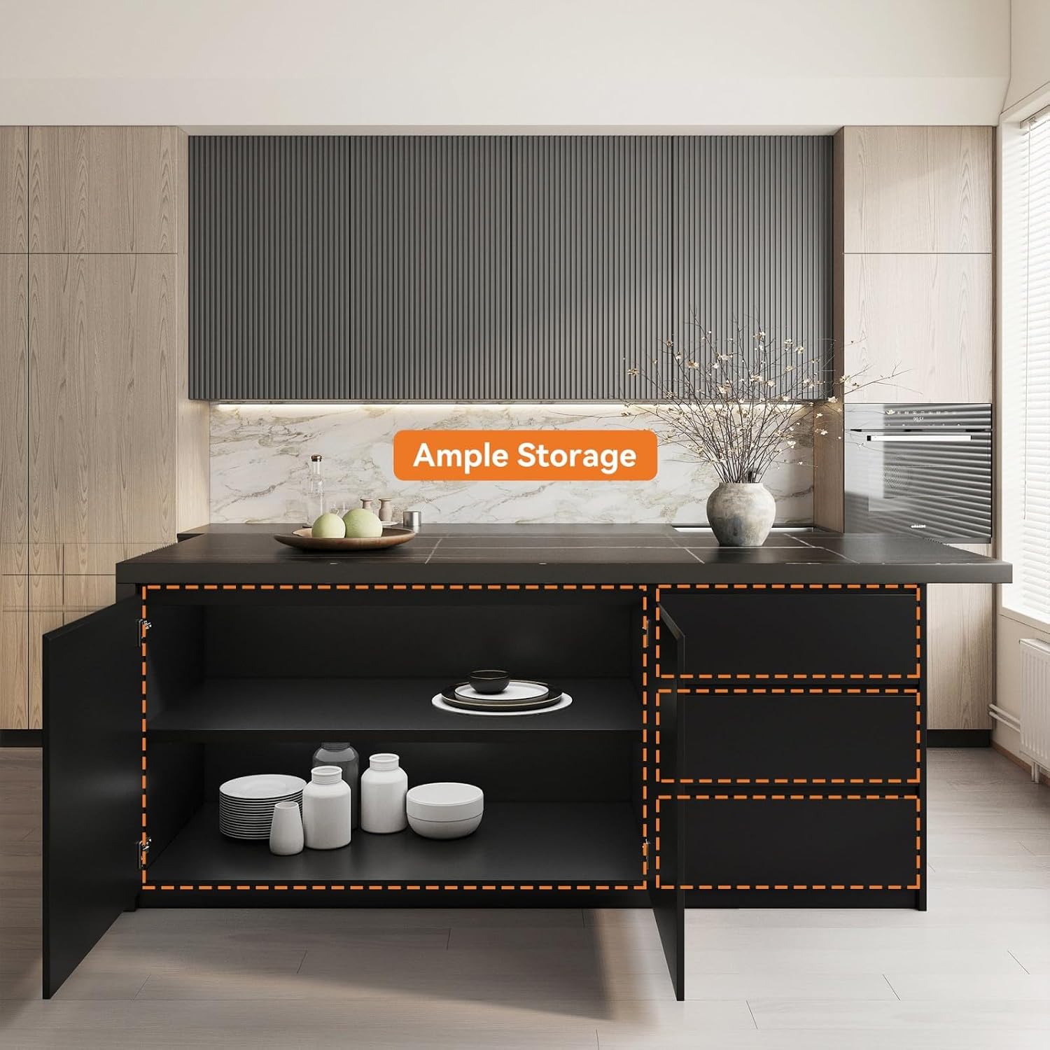 homary Kitchen Island with Storage & Wine Rack, 72" Modern Black Kitchen Cabinet with Wood Top, Large Fixed Island with 3 Drawers & 6 Adjustable Shelves, Without Bar Stools