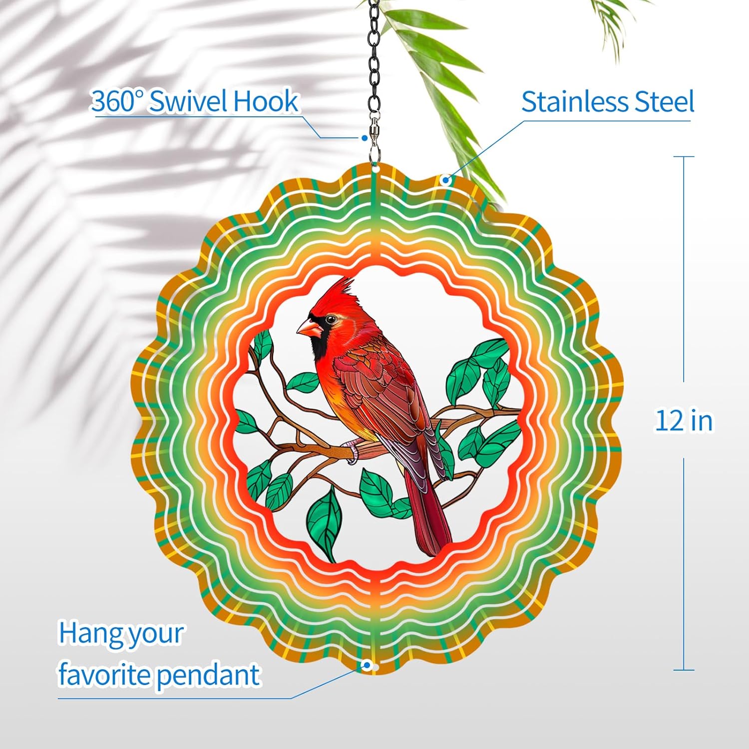 Cardinal Wind Spinners Garden Decor as Birthday Gifts for Women Mom,12 inch 3D Stainless Steel Hanging Wind Spinner Metal Catchers Kinetic Sculpture for Outdoor Decor, Patio,Yard Decorations