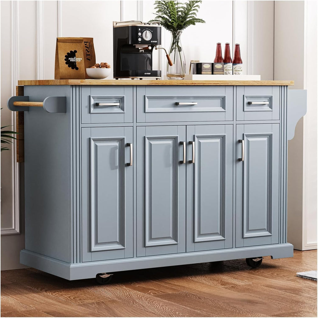 54-Inch Rolling Kitchen Island with Drop Leaf | Grey Blue