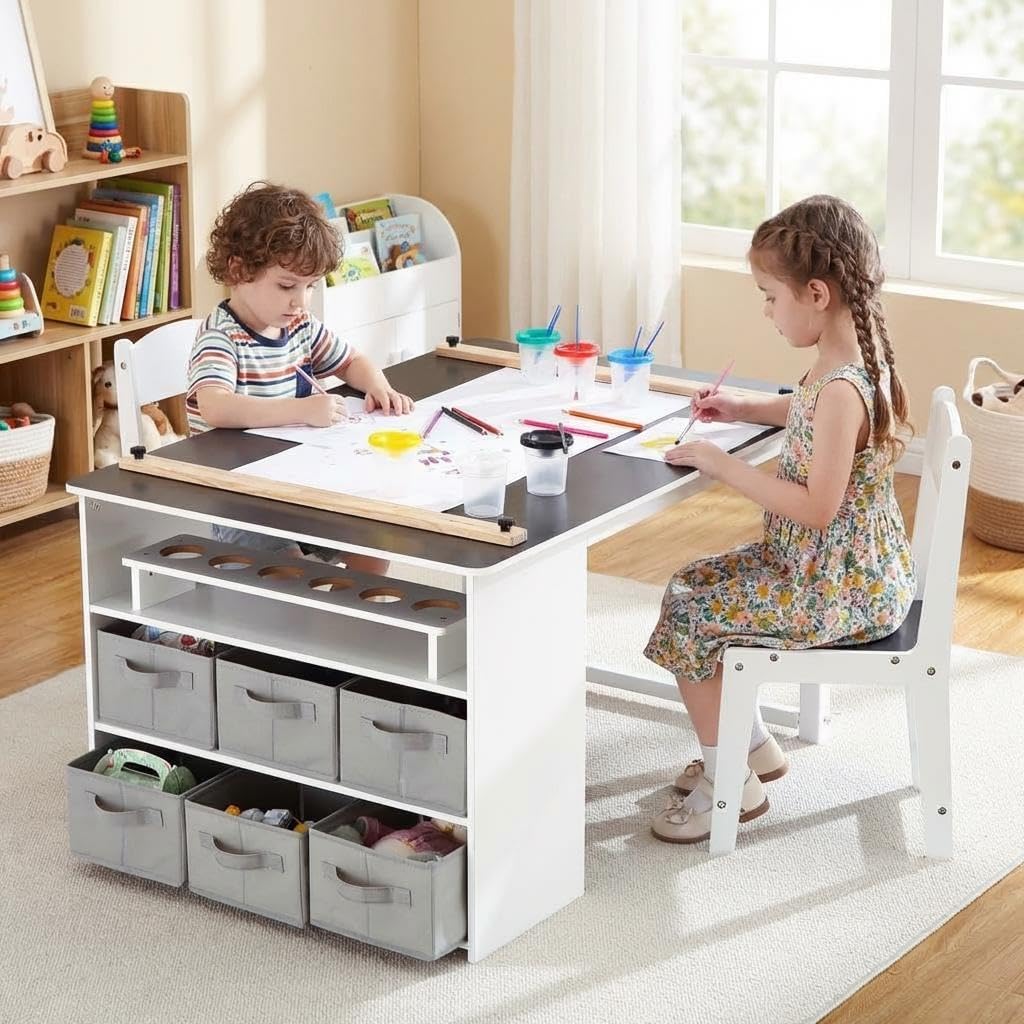 IDEALHOUSE 4-in-1 Kids Art & Study Table Chair Set, Multifunctional Toddler Wooden Activity Desk with Storage Bins, Paper Roll & Organizer for Crafts, Drawing, Learning and Play | Multifunctional Toddler Wooden Activity Desk with Storage Bins, Paper Roll