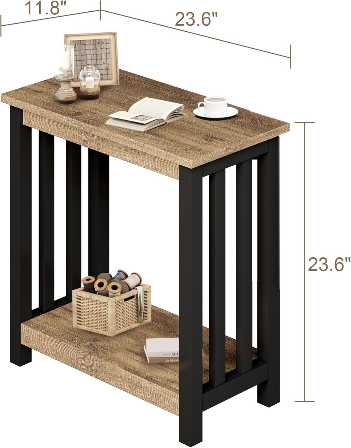 ChooChoo Mission End Tables Set of 2, Narrow Side Tables for Small Spaces, Night Stands with Storage Shelf for Living Room and Bedroom, Rustic Oak & Black