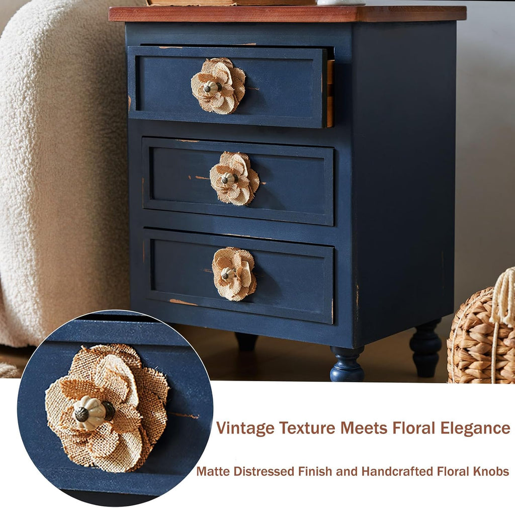 Vintage Farmhouse End Table with Floral Knobs – 19" Rustic Nightstand with 3 Drawers and Gourd Legs,Bedside or Sofa Accent Table, Almost Fully Assembled (Antique Blue)
