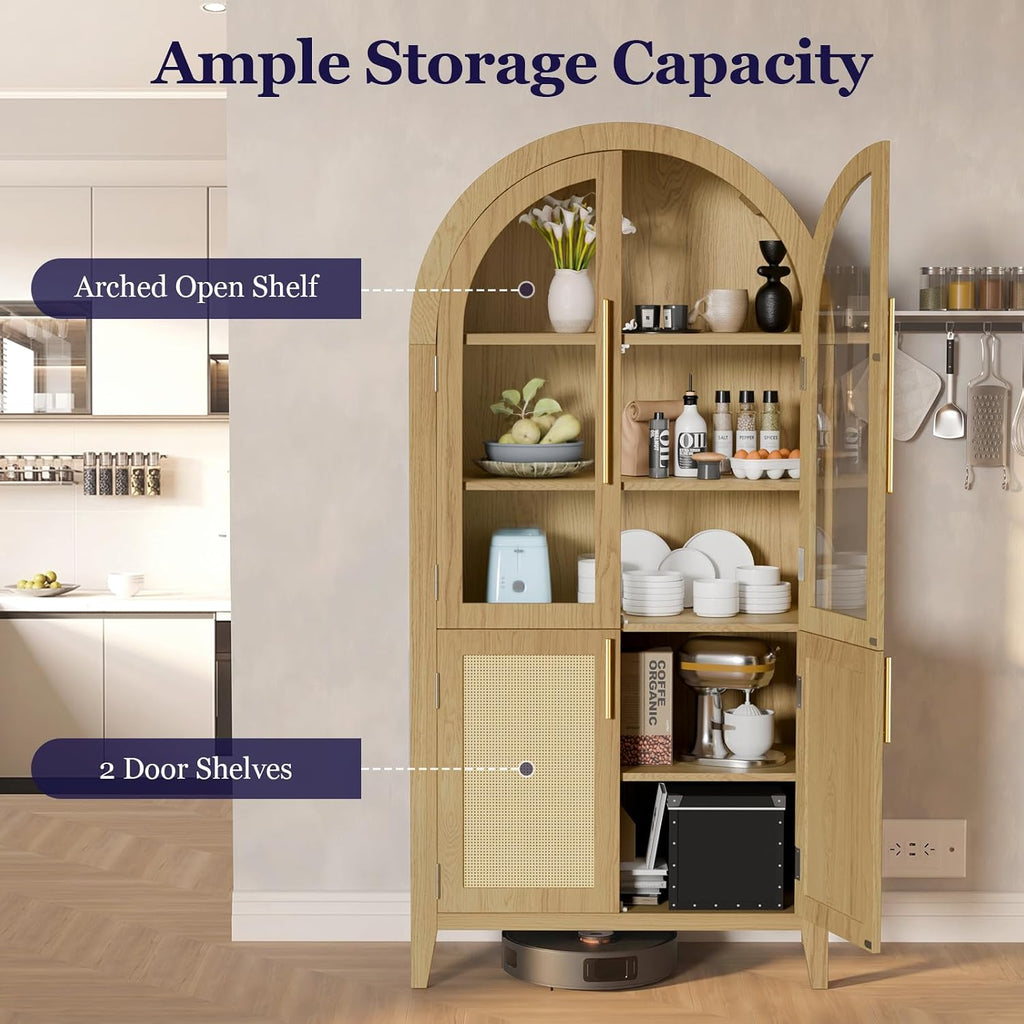 63" Tall Arched Cabinet with Glass Doors, Kitchen Pantry Storage Cabinet with Dust-Proof Rattan, 5-Tier Curio China Cabinet with Adjustable Shelves for Living Room Dining Room, Oak