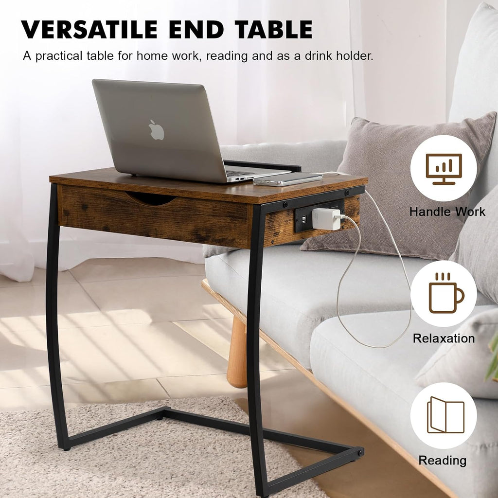 Hadulcet C Shaped End Table with Charging Station, Tiltable 0-52° | TV Tray Table Couch Tables That Slide Under, C Table End Table with Storage, Small Table Couch Desk for Small Spaces, Brown