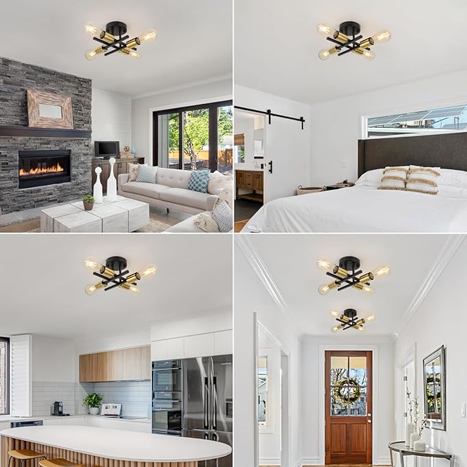 WILON Semi Flush Mount Ceiling Light Fixture, Modern Flush Mount Ceiling Lights, 4-Light Black and Gold Sputnik Ceiling Light Fixture with E26 Bulb Base for Hallway Farmhouse Kitchen Bedroom