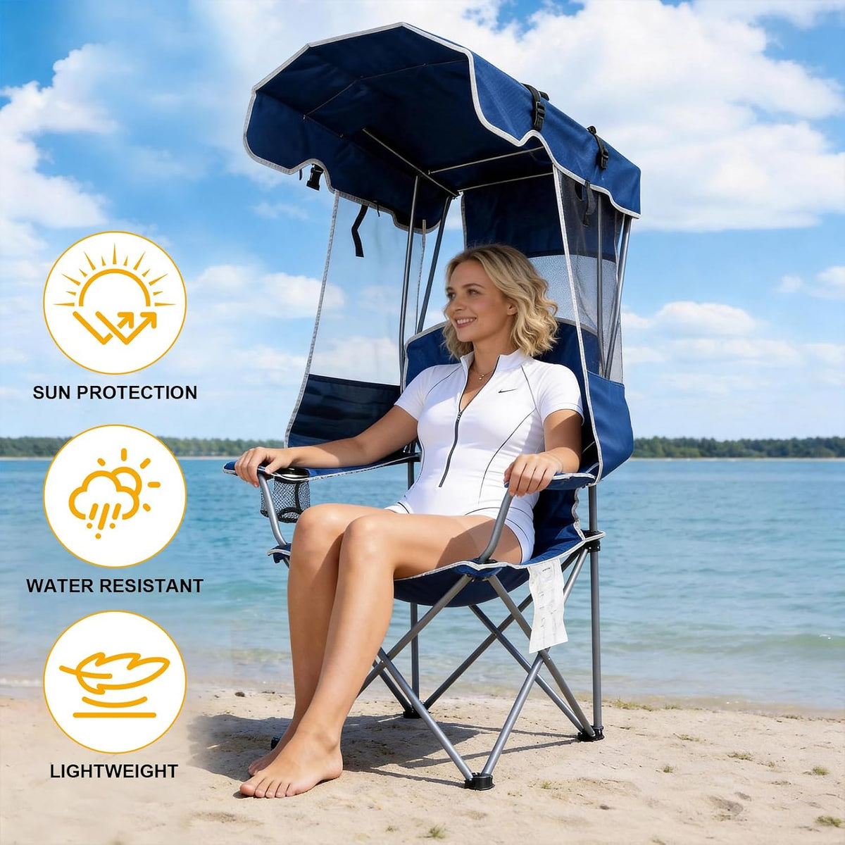 2 Pack Canopy Camping Chairs with Shade, Folding Beach Chair with Full Sun Protection, Portable Heavy Duty Outdoor Chair for Camping, Beach, Sports, Fishing, Lawn, Supports 400 lbs,Navy