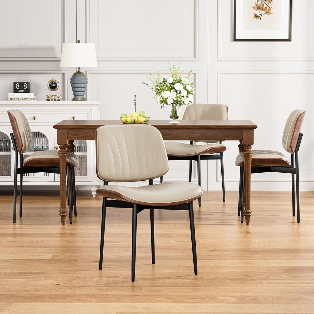 YaFiti Dining Chairs Set of 4, Dining Room and Kitchen Chairs, Mid Century Modern Accent Chair, Upholstered PU Leather Chairs for Vanity with Walnut Bentwood and Metal Legs, Greige