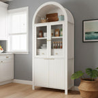 MERITLINE 71" Fluted Arched Pantry Cabinet with Glass Door & Hidden Drawer - Tall Display Storage Cabinet with Adjustable Shelves for Kitchen, Dining Room, Living Room (White)