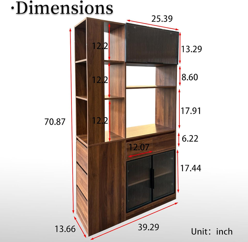 JOYSOURCE Tall Kitchen Hutch Cabinet with Side-Access Shelves & Drawer Freestanding Pantry Cabinet Large with Glass Door Cupboard for Kitchen, Dining Room with Microwave Countertop Walnut Finish