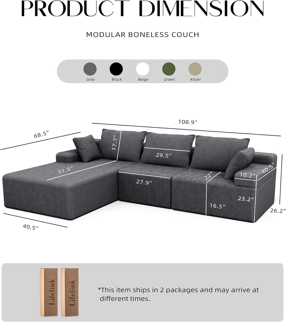 Lifelink 108" Couch L-Shaped - Modular Sectional Couches for Living Room Cloud Sofa with Deep Seat High Back Oversized Left Facing Chaise No Assembly Required