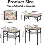 YihuiKo Small Camping Table, Vintage French Flowers Pattern Folding Table | Adjustable Height, Lightweight Portable Folding Table for Patio Living Room Travel Picnic, Carry Handle, Storage Net