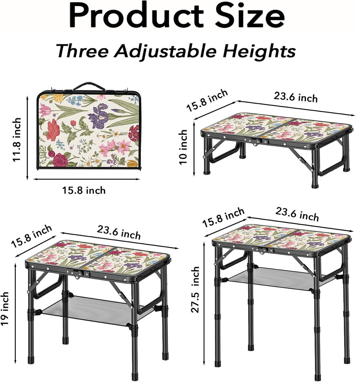 YihuiKo Small Camping Table, Vintage French Flowers Pattern Folding Table | Adjustable Height, Lightweight Portable Folding Table for Patio Living Room Travel Picnic, Carry Handle, Storage Net