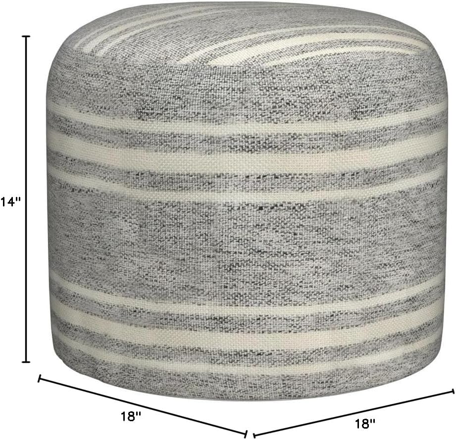 LR Home Ox Bay Farmhouse Triple Stripe Indoor Outdoor Pouf, Gray/White, 18" x 18" x 14"