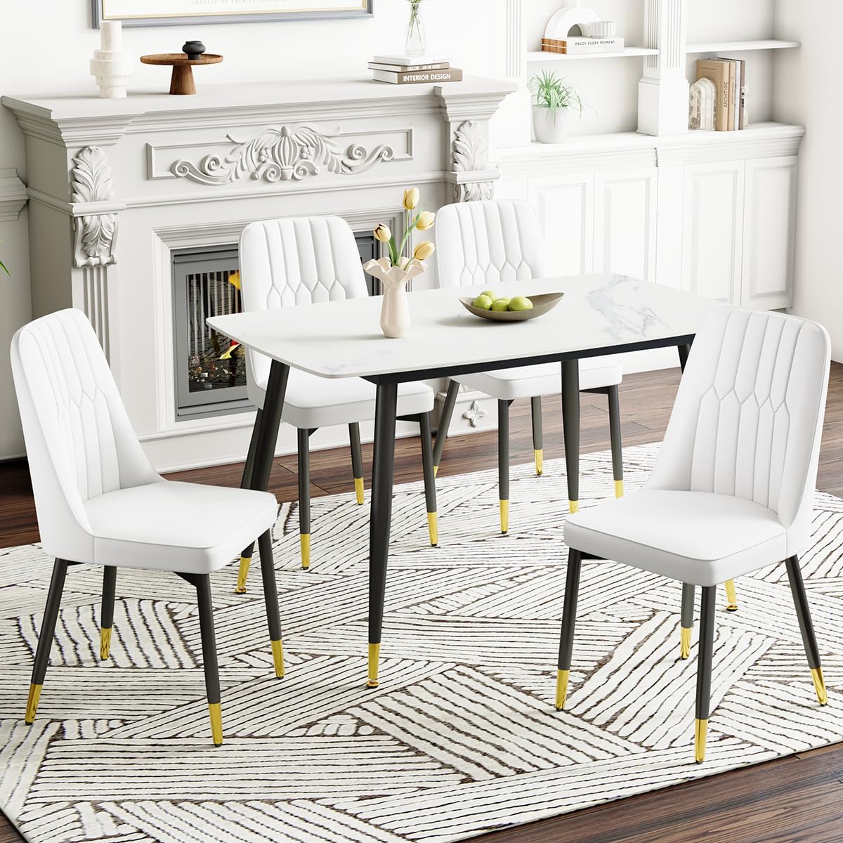 Dining Chairs Set of 4,Modern Dining Room Chairs,Faux Leather Dining Chairs with Thick Cushion and Metal Legs,White Kitchen Chairs for Dining Room Kitchen, White