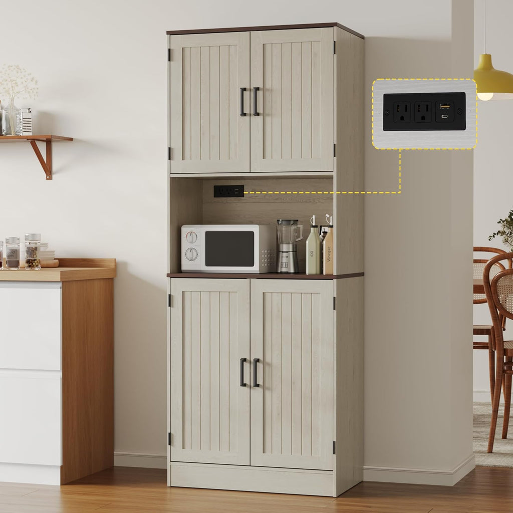MHOM 71" Tall Pantry Cabinet with Charging Station, Farmhouse Kitchen Hutch with Adjustable Shelves, Modern Kitchen Pantry Storage Cabinet for Dinning Room & Living Room, Antique Oak