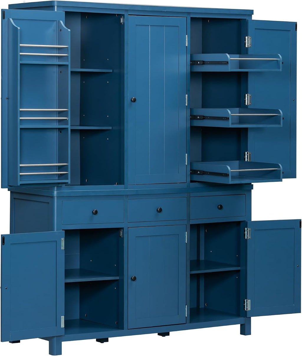 Merax 74.8'' Tall Kitchen Pantry Storage Cabinet with 6 Doors, 3 Drawers and Adjustable Shelves, Freestanding Large Cupboard & Pull-Out Trays for Kitchen, Dining Room, Living Room, Blue
