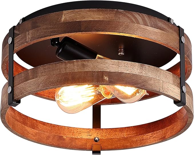 2-Light Rustic Flush Mount Light Fixture Oak Wood Round Drum Semi Flush Mount Ceiling Light for Hallway Bedroom Kitchen Entryway Farmhouse, Black