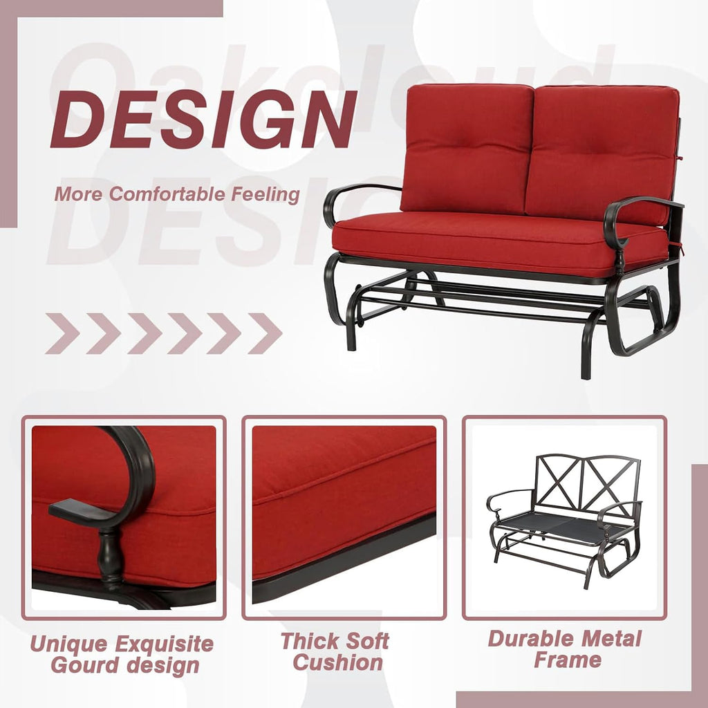 Crownland Outdoor Patio Glider Chair for 2-Person, Red | Wrought Iron Frame with Textilene Seat, Cushioned Loveseat, Smooth Gliding Bench for Porch, Garden, Backyard