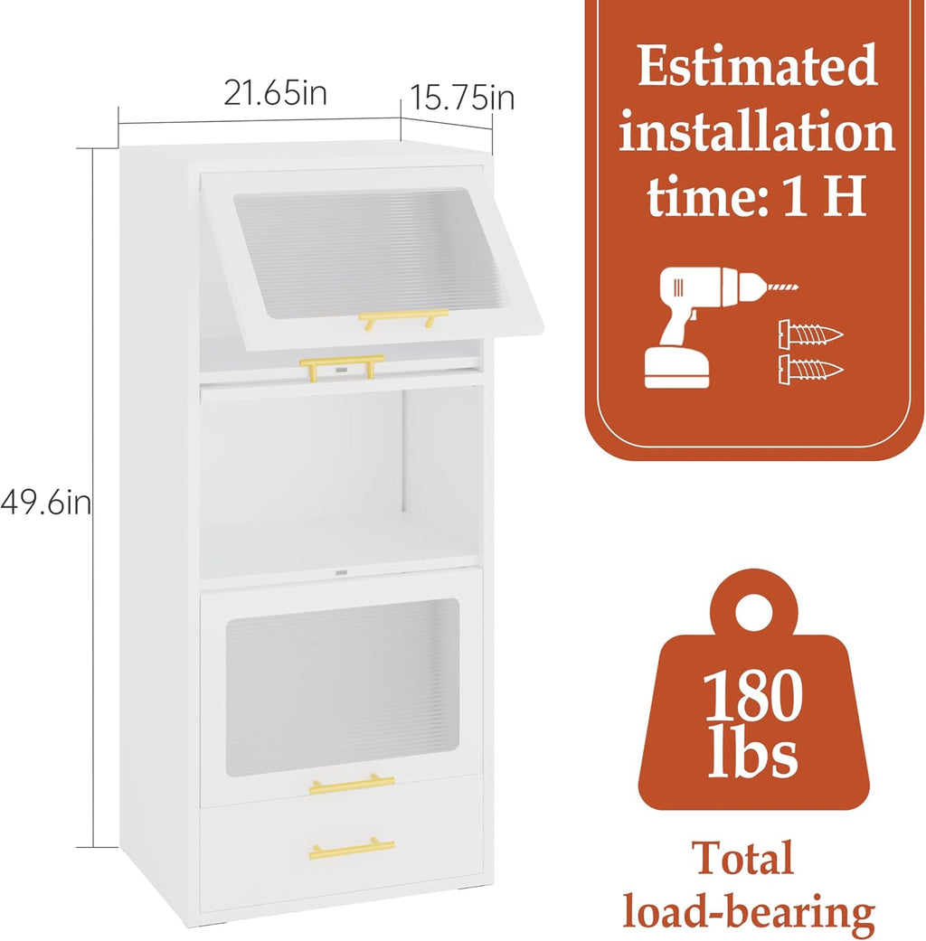 3-Tier Metal Kitchen Storage Cabinet with Drawer, Freestanding Microwaves Rack, Flip-up Acrylic Doors for Living Room & Dining Room, White