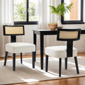 Farmhouse Rattan Dining Chairs Set of 2, Upholstered Modern Dining Room Chairs with Curved Cane Back, Black Wood Frame Armless Side Chair for Kitchen (Beige Fabric)