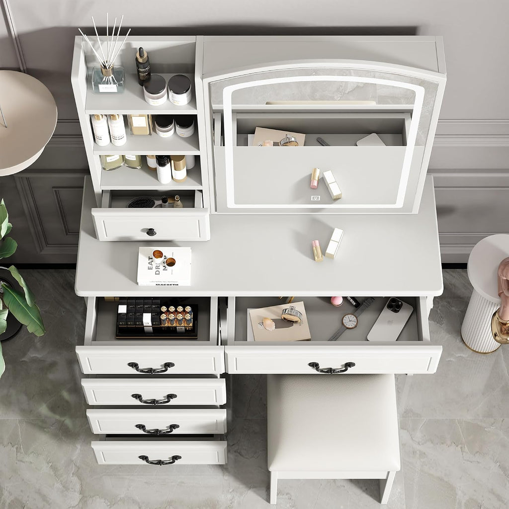 Vanity Desk Set with Lighted Mirror and Upholstered Stool, Vanity Table with Sliding Mirror LED Lighted - 3 Color Models, Makeup Desk with 6 Drawers & 5 Shelves & Stool, Makeup Table for Bedroom Apt