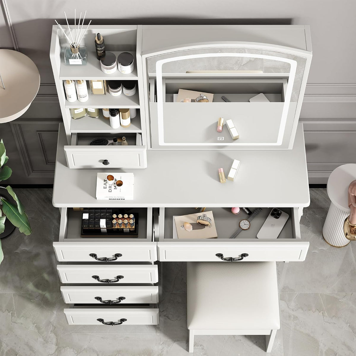 Vanity Desk Set with Lighted Mirror and Upholstered Stool, Vanity Table with Sliding Mirror LED Lighted - 3 Color Models, Makeup Desk with 6 Drawers & 5 Shelves & Stool, Makeup Table for Bedroom Apt