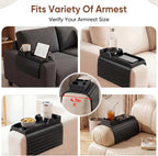 Bamboo Couch Arm Tray Table with Built-in Cup Holder, Foldable Anti-Slip Sofa Armrest Table for Drinks, Phone & Remote, Fits 4.7–16.9 in Armrests, Holds Cups up to 3.5 in Diameter (Black)