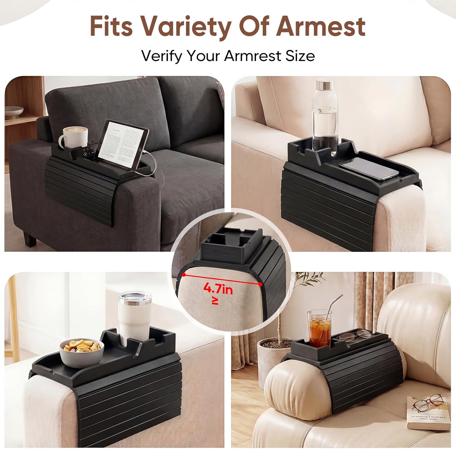 Bamboo Couch Arm Tray Table with Built-in Cup Holder, Foldable Anti-Slip Sofa Armrest Table for Drinks, Phone & Remote, Fits 4.7–16.9 in Armrests, Holds Cups up to 3.5 in Diameter (Black)
