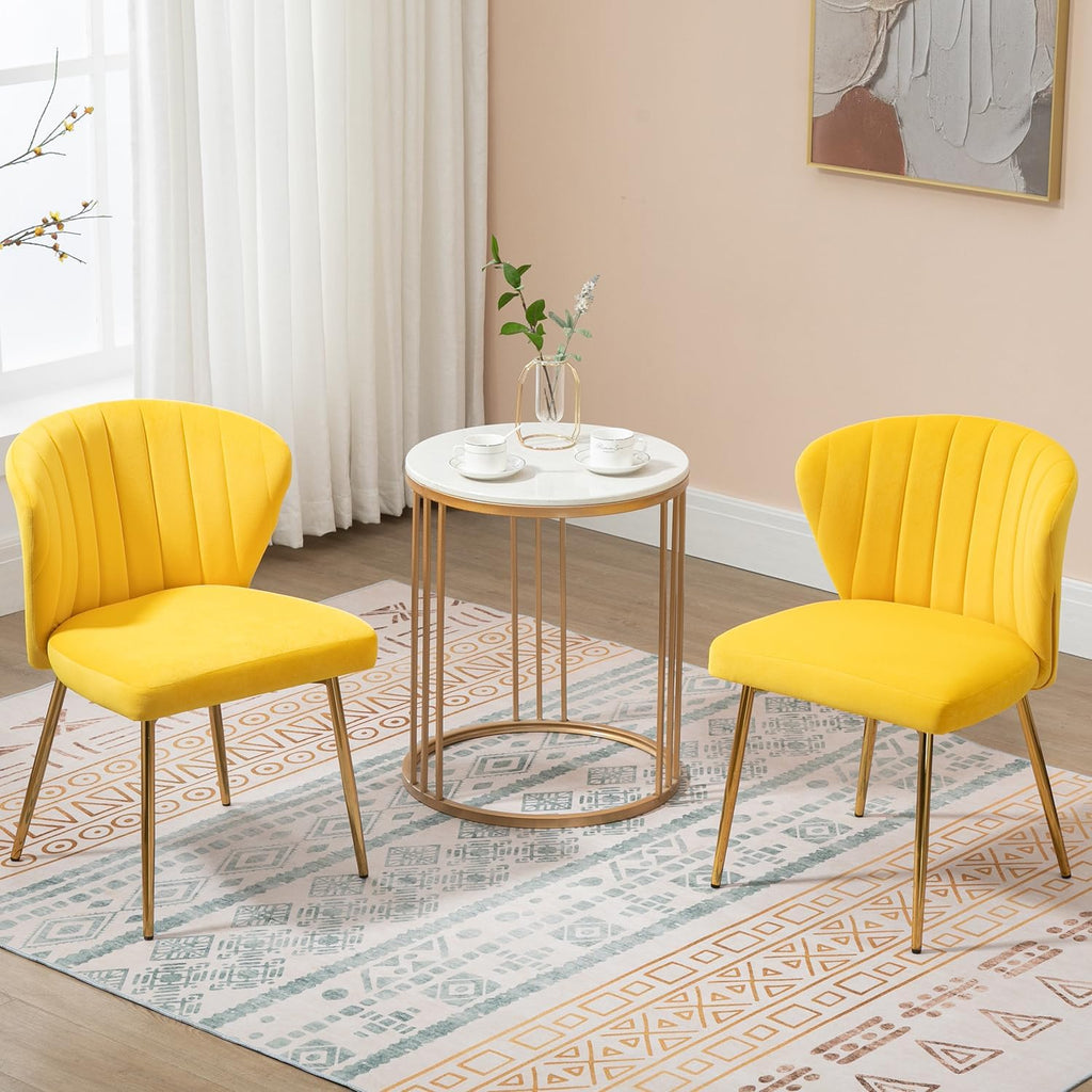 Velvet Dining Chairs Set of 2, Modern Upholstered Vanity Chairs with Golden Metal Legs for Dining Room Kitchen Vanity Patio (Yellow)
