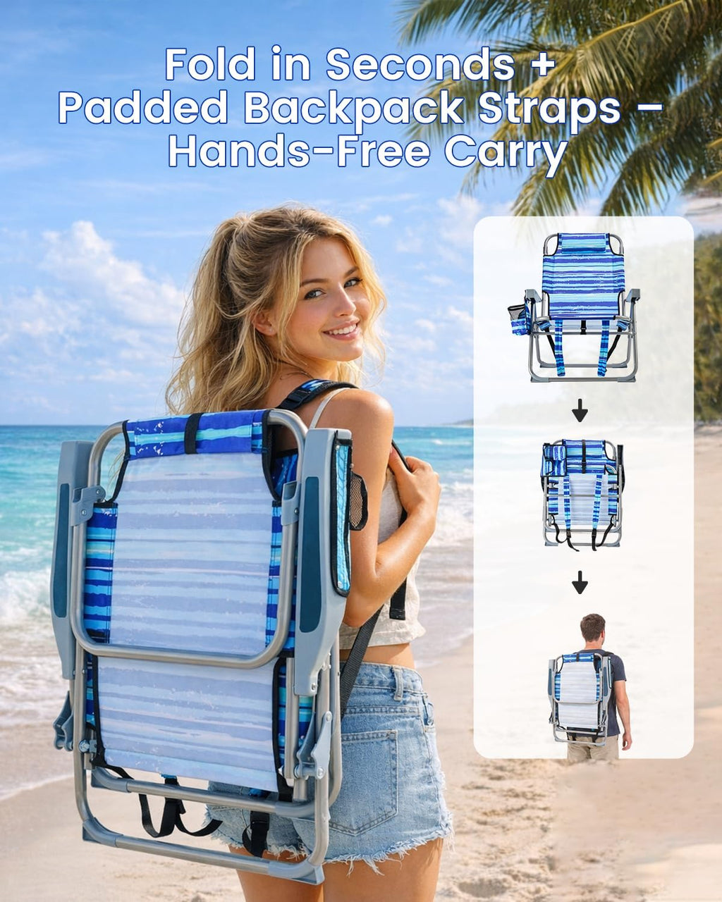 GVDV 2 Pack Backpack Beach Chairs for Adults, 14" Mid-Height Foldable Chair with Lay Flat Position, 4-Position Adjustable Reclining, Towel Bar, Zipper Pouch & Cup Holder, Blue Ocean
