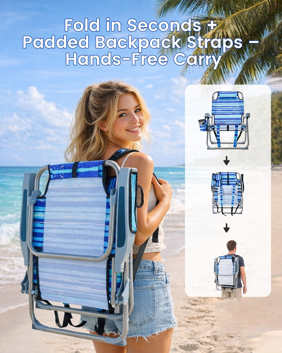 GVDV 2 Pack Backpack Beach Chairs for Adults, 14" Mid-Height Foldable Chair with Lay Flat Position, 4-Position Adjustable Reclining, Towel Bar, Zipper Pouch & Cup Holder, Blue Ocean