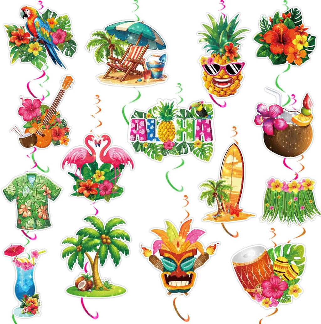 Hawaiian Party Hanging Decorations, Tropical Luau Hanging Swirls with Aloha Flamingo and Palm Tree Signs for Beach Pool Party Birthday Decor