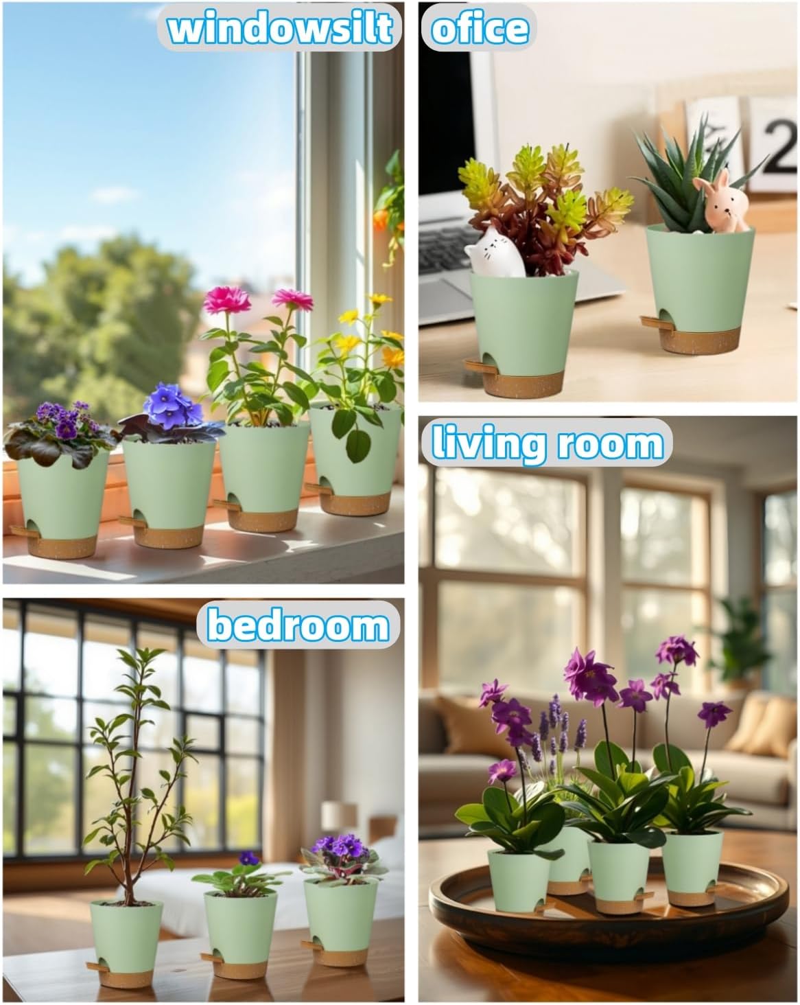 12 Pack 4 Inch Self Watering Plant Pots with Drainage and Saucers，Plastic Flower Pots for Indoor and Outdoor Plants, Nursery Planters for Houseplants and Herbs Green Brown, 4 inch 12pcs
