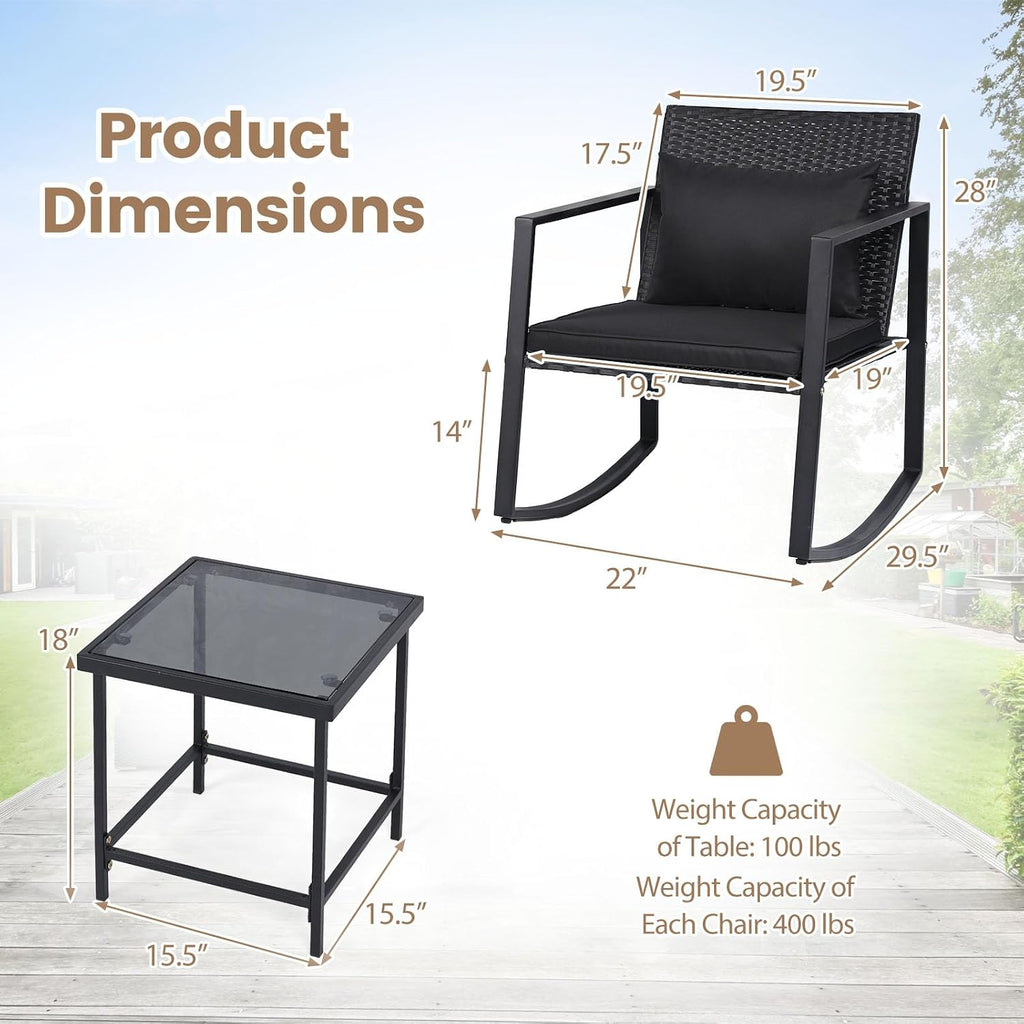 Tangkula 3 Pieces Outdoor Rocking Chairs Set, Rattan Heavy Duty Cushioned Rocker Chairs with Cushions, Pillows, Tempered Glass Table, Metal Frame for Garden, Balcony, Backyard (Black)