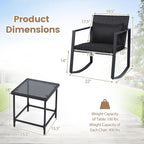 Tangkula 3 Pieces Outdoor Rocking Chairs Set, Rattan Heavy Duty Cushioned Rocker Chairs with Cushions, Pillows, Tempered Glass Table, Metal Frame for Garden, Balcony, Backyard (Black)