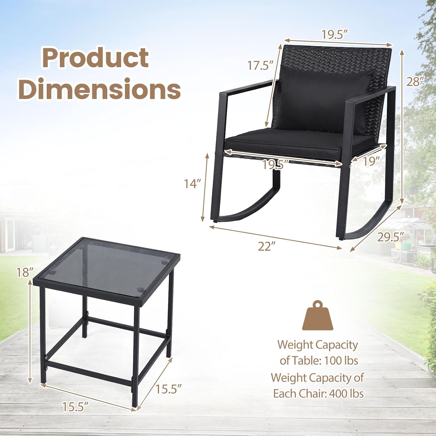 Tangkula 3 Pieces Outdoor Rocking Chairs Set, Rattan Heavy Duty Cushioned Rocker Chairs with Cushions, Pillows, Tempered Glass Table, Metal Frame for Garden, Balcony, Backyard (Black)