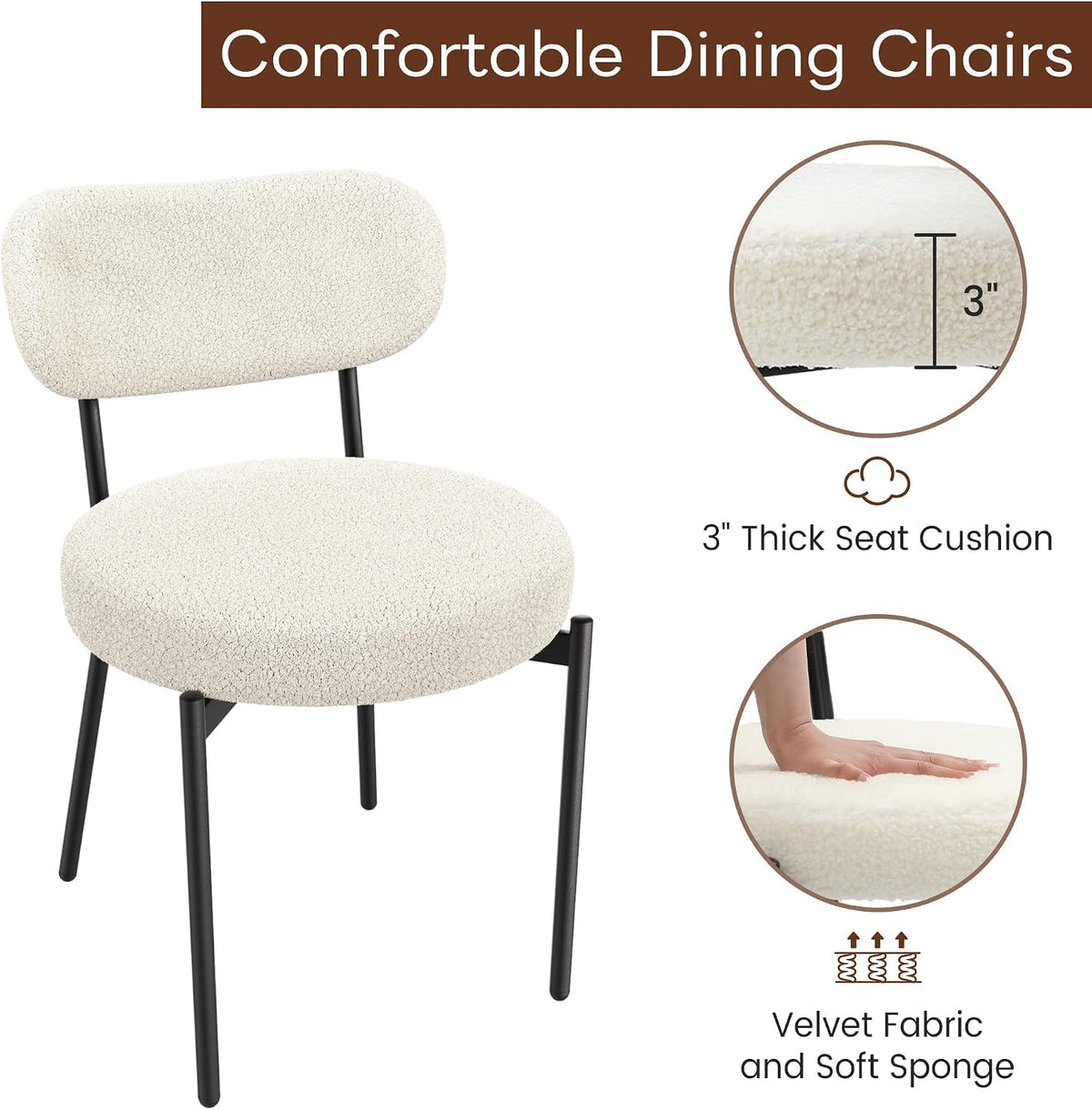 KROFEM Set of 4 Boucle Fabric Dining Chairs,White | Mid Century Modern Design,Polished Chrome Frame,Upholstered Seat