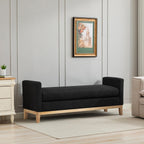 KEIKI Oversize Boucle Bench Ottoman with 2 Bolster Pillows & Wood Legs, Upholstered End of Bed Daybed Seating, Foot Rest Stool Furniture for Bedroom, Living Room, Entryway, Black Natural